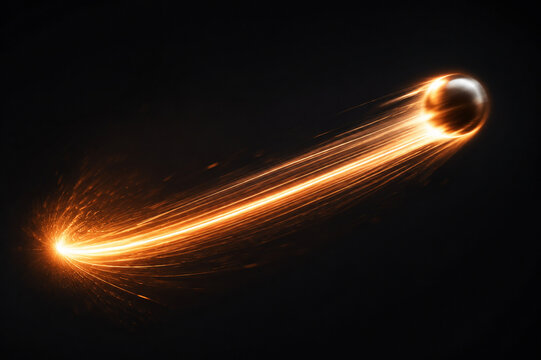 A dynamic arc traced by a blurred spherical object with a speed trail against a dark background.