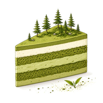 Matcha green tea cake slice topped with miniature pine forest illustration isolated on white background