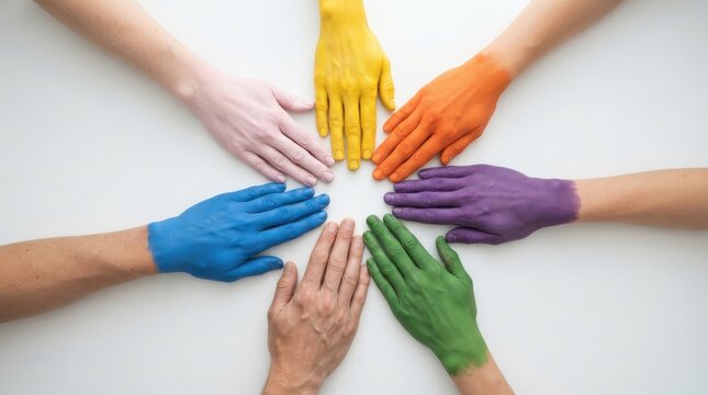 Hands painted in various colors arranged in a circle isolated on white background