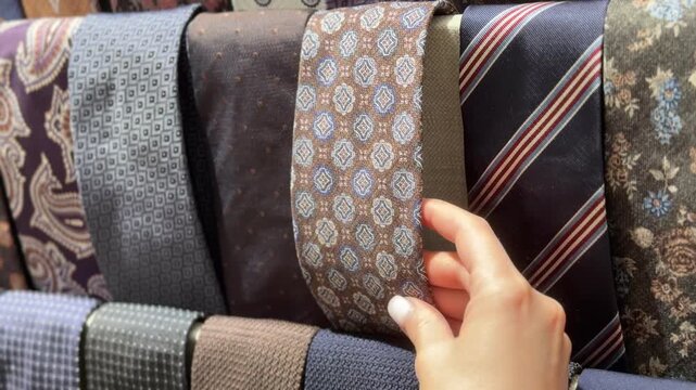 A hand selecting a tie from a diverse tie collection displayed neatly.