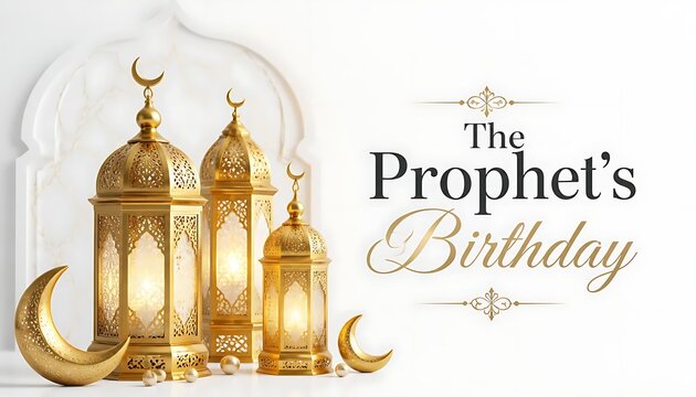 The prophet birthday greeting card background with golden lanterns and crescent moon islamic holiday arabic background ramadan kareem eid mubarak golden decoration luxury design