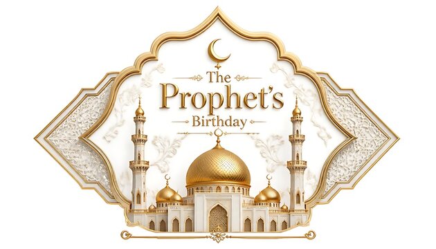 The prophet birthday ornate emblem with golden mosque and crescent moon inside frame islamic emblem religious badge islamic holiday arabic design golden architecture islamic pattern