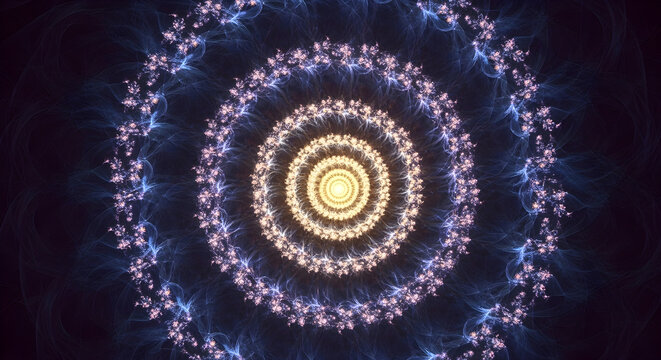 Abstract cosmic mandala with glowing concentric rings of golden light and blue energy