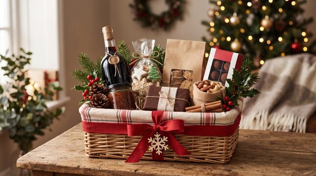 Festive Christmas Hamper Filled With Treats Wine Cookies Nuts And Chocolates With Decorated Tree Background