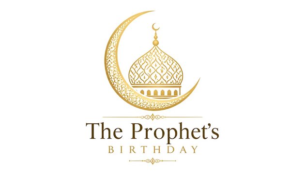 The prophets birthday golden logo emblem with crescent moon and mosque dome mawlid al nabi islamic emblem arabic calligraphy religious badge muslim holiday islamic design holy day