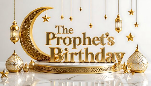 The prophet birthday celebratory podium with golden crescent moon and traditional lanterns islamic podium arabic lanterns ramadan kareem islamic holiday religious festival gold stars
