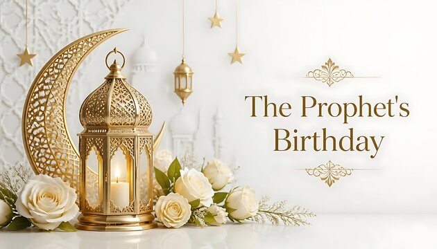 Islamic celebration banner for the prophet birthday with golden lantern crescent moon and white roses islamic holiday arabic design islamic festival holy day muhammad birthday shiny gold