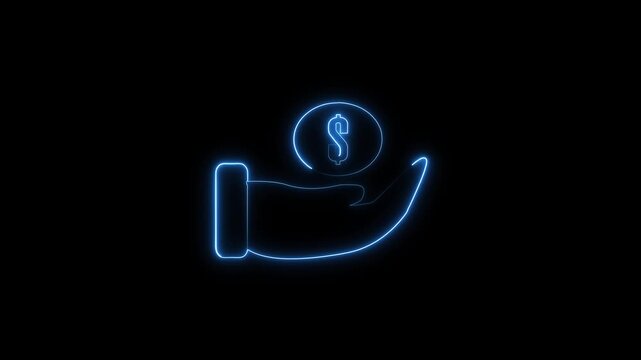 Blue neon money transaction animation outlines dollar coin icons. Neon money electronic cash transfer icon glows on black canvas. Transaction animation looks clean and neat.