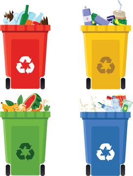 Four Colorful Recycling Bins for Household Waste Sorting and Environmental Protection