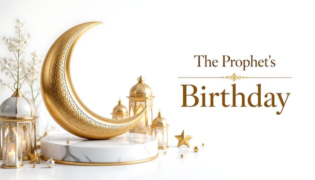 The prophet birthday festive scene with golden crescent moon and traditional lanterns islamic holiday traditional lantern islamic festival muhammad birthday arabic design islamic art
