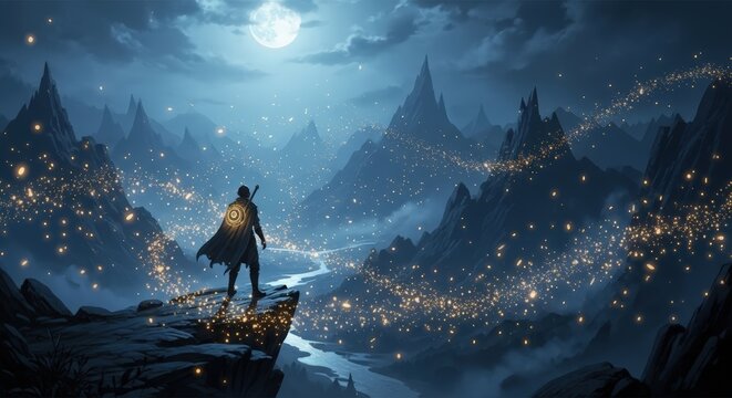 A lone adventurer in a cape stands on a cliff overlooking a magical, glowing valley under a full moon.