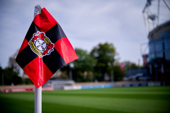 LEVERKUSEN, GERMANY - AUGUST 23, 2026: Bayer 04 Leverkusen club corner flag on the football pitch at the Ulrich-Haberland-Stadion near the BayArena.