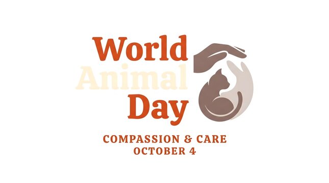 World animal day design featuring cat and rabbit silhouettes protected by hand over text.