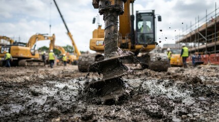 Fototapeta premium Heavy construction equipment drilling into muddy ground on a site