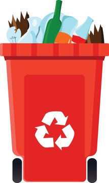 Red Recycling Bin Filled with Mixed Household Recyclable Materials