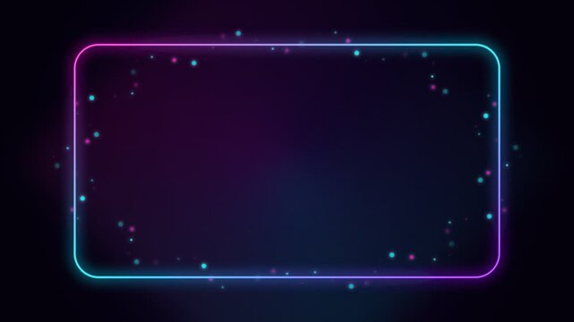 A vibrant glowing neon rectangular frame with colorful floating particles