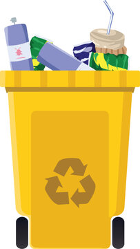 Yellow Recycling Bin Filled with Bottles and Recyclable Household Packaging