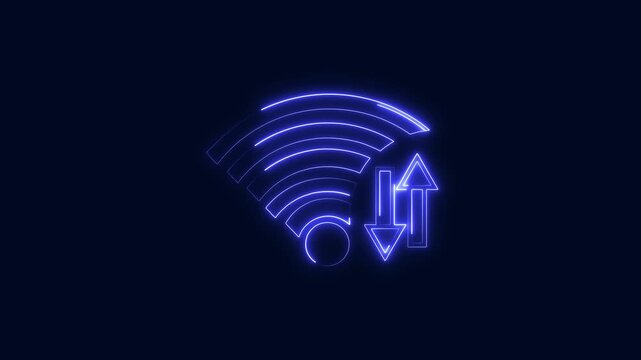 Glowing wifi icon wireless network animation displays transfer arrows. Wifi icon internet communication sign features upload and download. Wireless network animation is sleek.