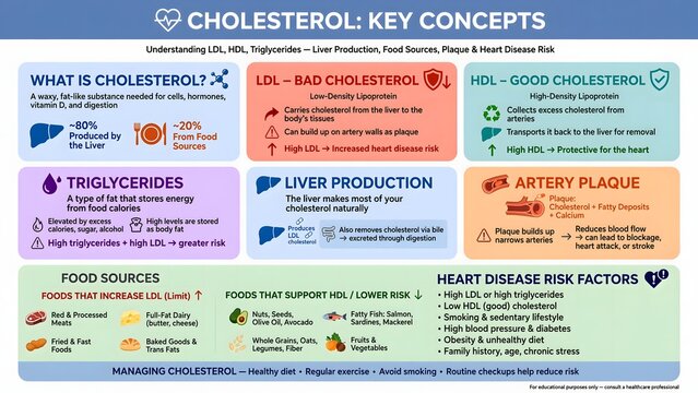 Infographic Explaining Key Concepts of Cholesterol and Health Risks.