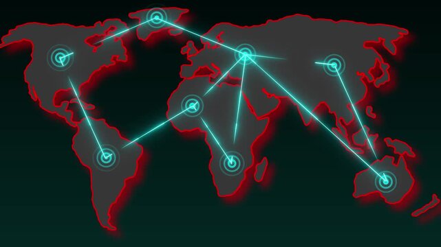 Neon world map global network animation connects glowing cities lines. World map global technology grid showcases international proxy links. Global network animation is clean.