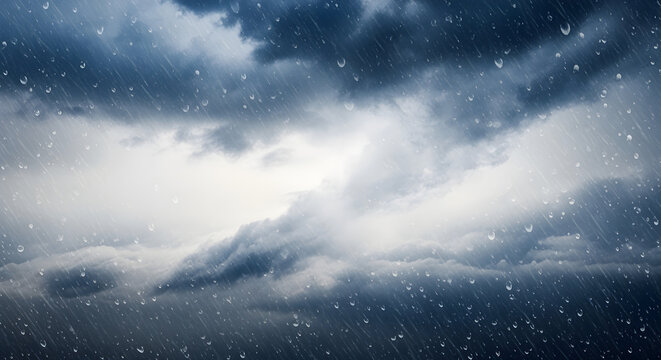 Dramatic storm clouds in a dark winter sky with falling snow and rain