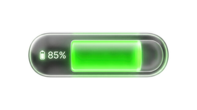 Transparent glass battery icon with green glow level indicator and digital eighty five percentage text for mobile interface and power status.