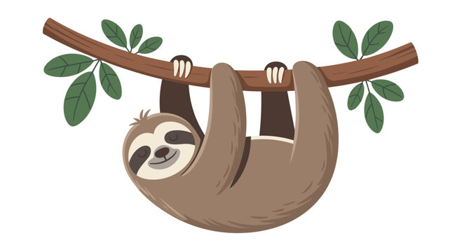 Cute cartoon sloth hanging upside down on a tree branch with green leaves, smiling and looking relaxed on a white background.