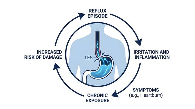 Medical diagram illustrating the chronic cycle of gastroesophageal reflux disease or GERD.