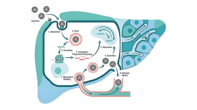 Scientific vector diagram of the hepatitis virus replication cycle inside a liver cell.