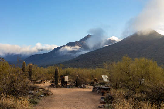 Seating Area At Hiking Trail In Scottsdale AZ With McDowell Mountains In Background