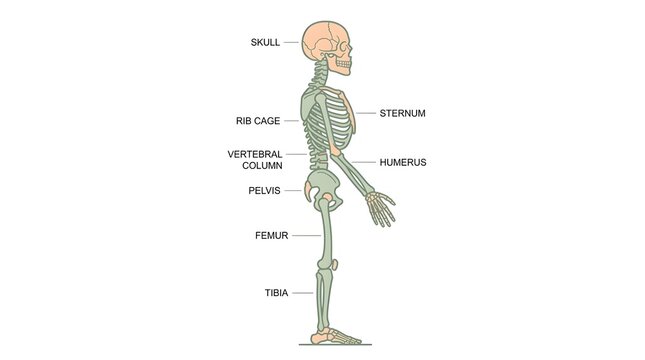 Anatomical diagram of the human skeleton from a side profile view with labels pointing to major bones.