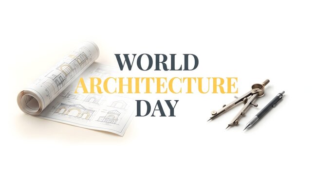 World architecture day banner displaying rolled blueprint draft with compass and pen tool.