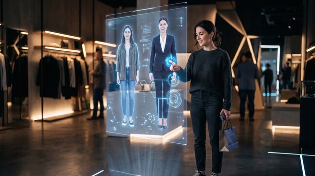 Woman Interacting with Futuristic Holographic Display of Clothing Options in a Modern Retail Store