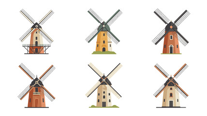 Obraz premium Collection of six traditional rustic windmills of varying architectural styles and building materials in flat vector.