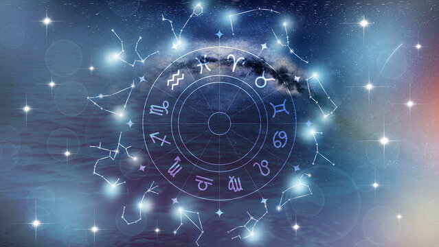 Astrology zodiac signs wheel with constellations and stars in the night sky