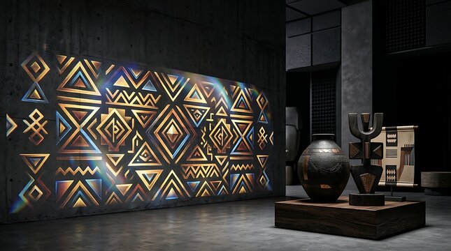 Intricate geometric patterns are projected onto a textured concrete wall in a dimly lit modern gallery space showcasing artistic sculptures and pottery.