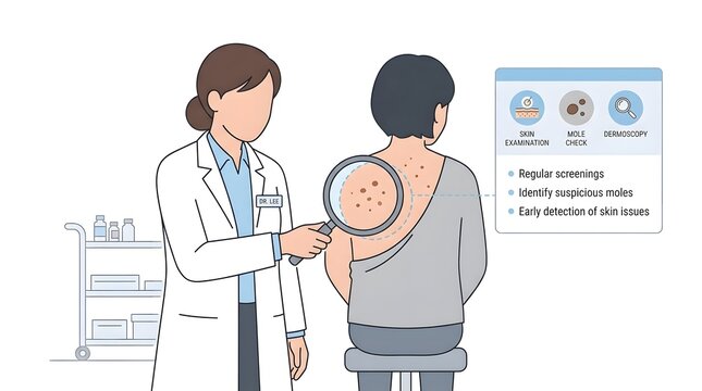 Dermatologist examining patient's back with magnifying glass for mole check and skin cancer screening.