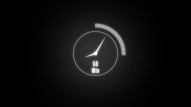 Dark background illuminates a glowing fifty minute circular timer. Digital time indicators circle around this circular timer. Bright neon gauge lights up the circular timer.