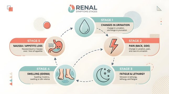 Infographic illustrating the five stages of renal disease symptoms including urination changes, pain, fatigue, swelling, and nausea.