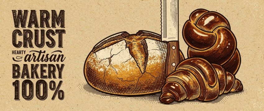 Vintage bakery illustration featuring bread, croissant, and knife. Hand-drawn rustic sketch on kraft paper with artisan typography. Ideal for menu design, packaging, and bakery shop marketing.