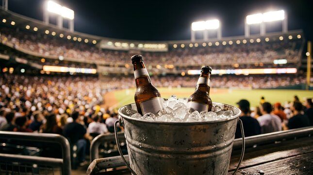 Two chilled beer bottles nestled in a galvanized metal ice bucket with crushed ice, set against a vibrant late evening baseball stadium with bright lights and cheering crowd