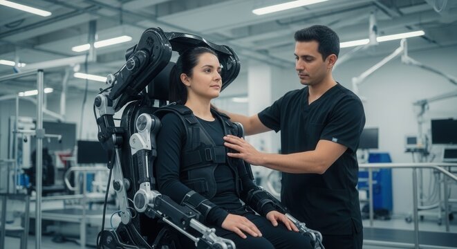 Scientist Adjusts Advanced Robotic Exoskeleton on Woman in Laboratory Setting