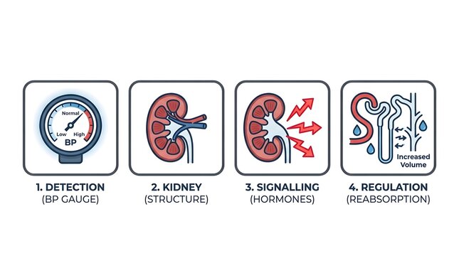Medical infographic showing the four steps of blood pressure regulation by the kidneys, including detection, kidney structure, hormone signaling, and reabsorption.