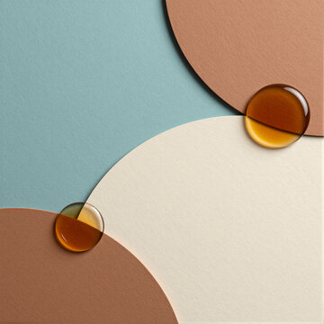 Abstract minimalist paper craft background with liquid amber drop refraction blue and beige geometric composition