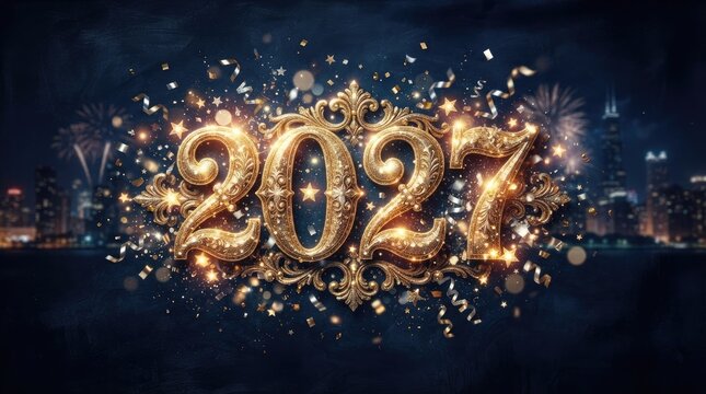 Golden 2027 new year celebration with fireworks and confetti