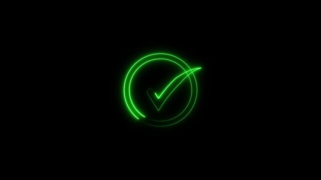 Approved status visual displays a glowing green neon check mark icon. Circular outline highlights the vibrant check mark. Success verification uses this check mark.