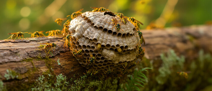 Wasps crawling on a paper nest attached to a mossy log. Yellowjackets building and defending their forest colony. Pest control and nature concept for wildlife education.