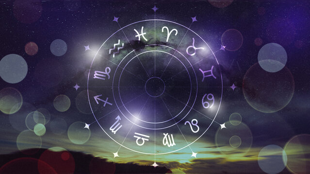 Astrology zodiac signs wheel set against a starry night sky with blurred lights