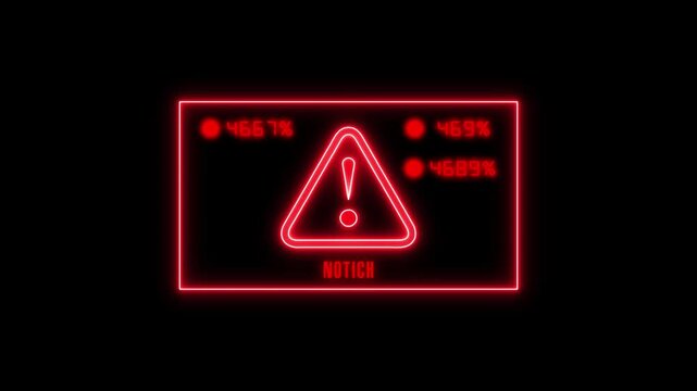 Digital alert graphic features a glowing red neon warning sign visual. Exclamation mark icon lights up the warning sign. Cyber danger overlays this red warning sign.