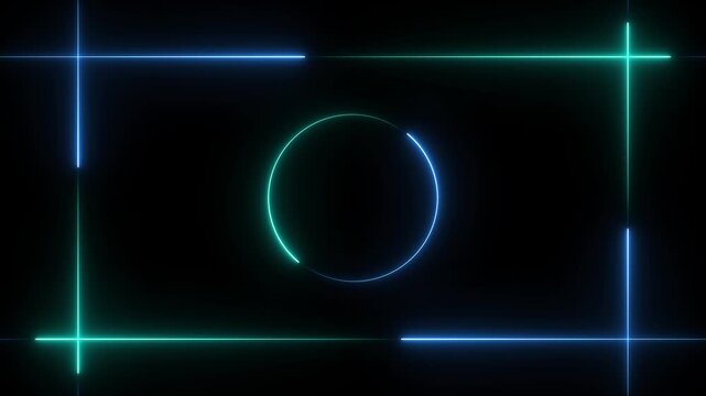 Futuristic border graphics display a glowing rectangular neon frame. Blue and green hues illuminate this central neon frame. Circular tech center fits the neon frame.